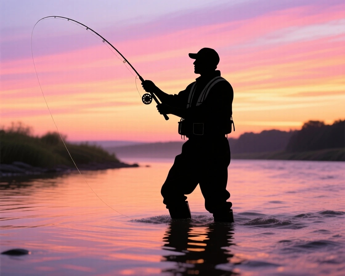 A lone angler wading into a river at dawn, fly rod arcing overhead.