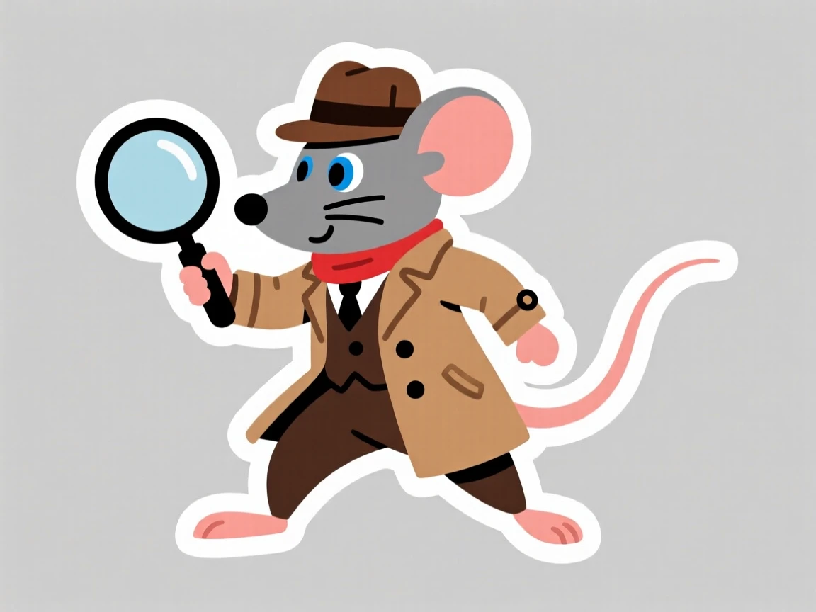 A dynamically posed detective mouse holding a magnifying glass, ready for the next big adventure, as part of a fun original story.