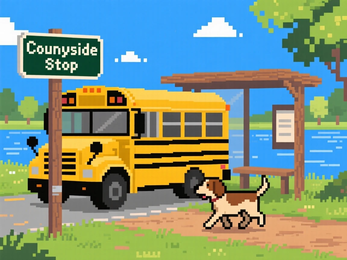 A school bus waiting at a countryside stop with an old dog trotting along beside them, beside a lake during summer vacation.