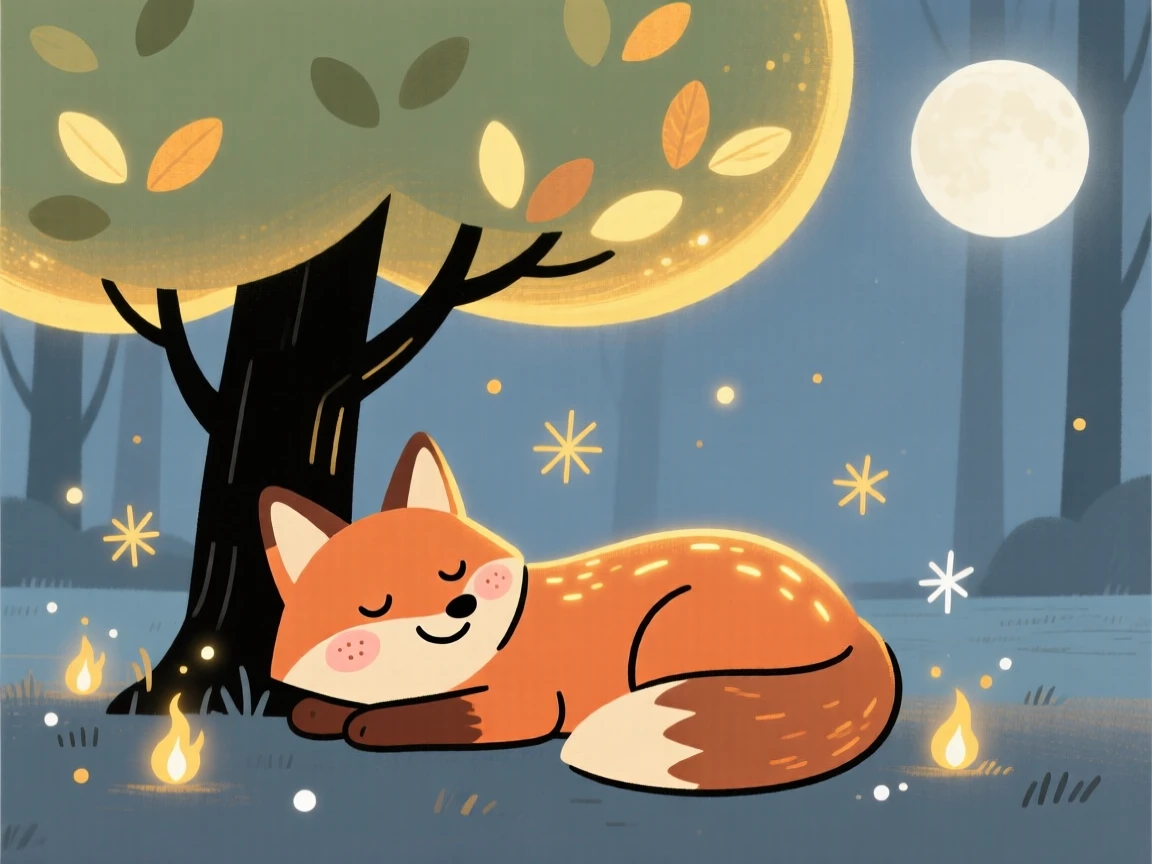 A fox with glowing markings rests beneath a glowing tree in an moonlit clearing, surrounded by tiny sparkling embers that drifts gently through the air.