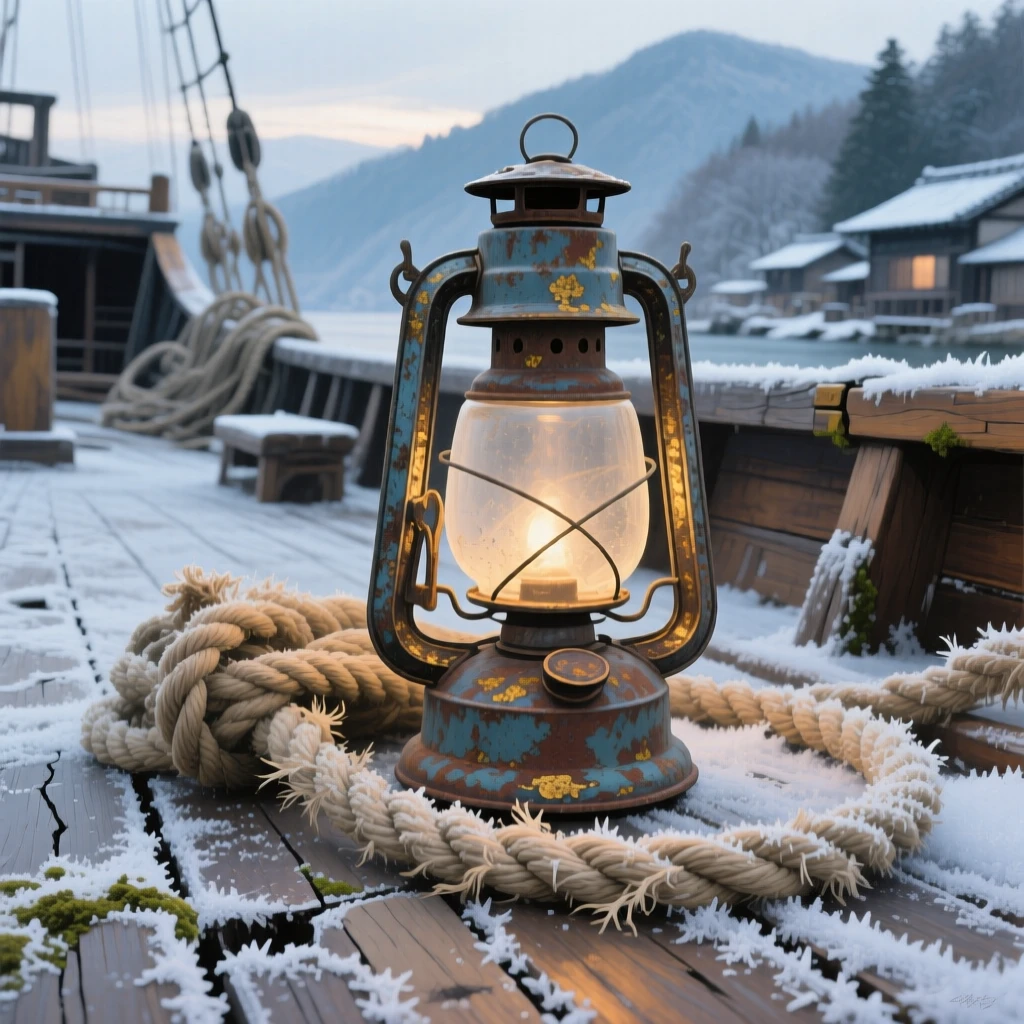 An intimate close-up of an old lantern and coiled rope on a weathered ship's deck, in a Japanese mountain village, beneath fresh fallen frost.