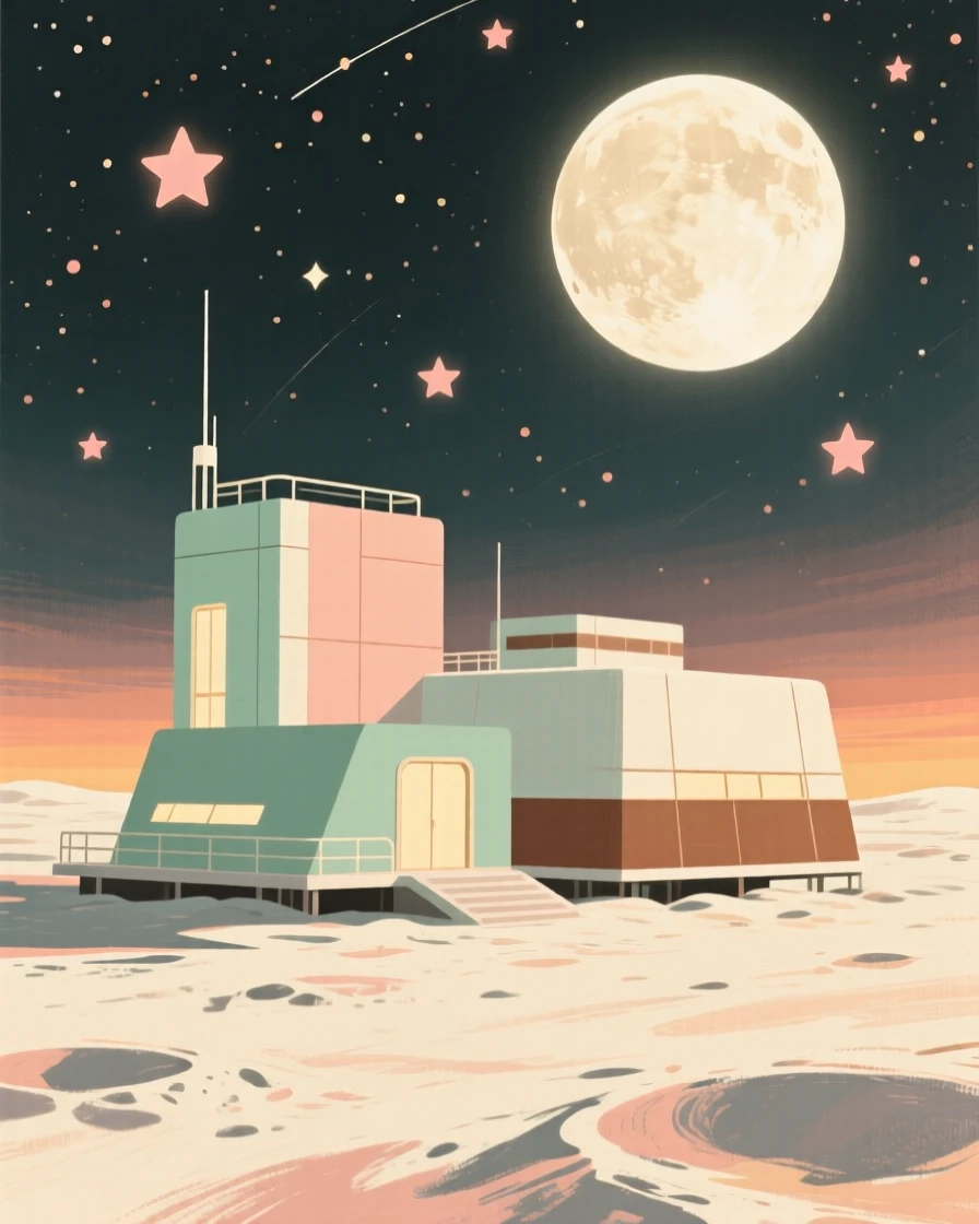 A retro-style moon base glowing beneath a starry sky