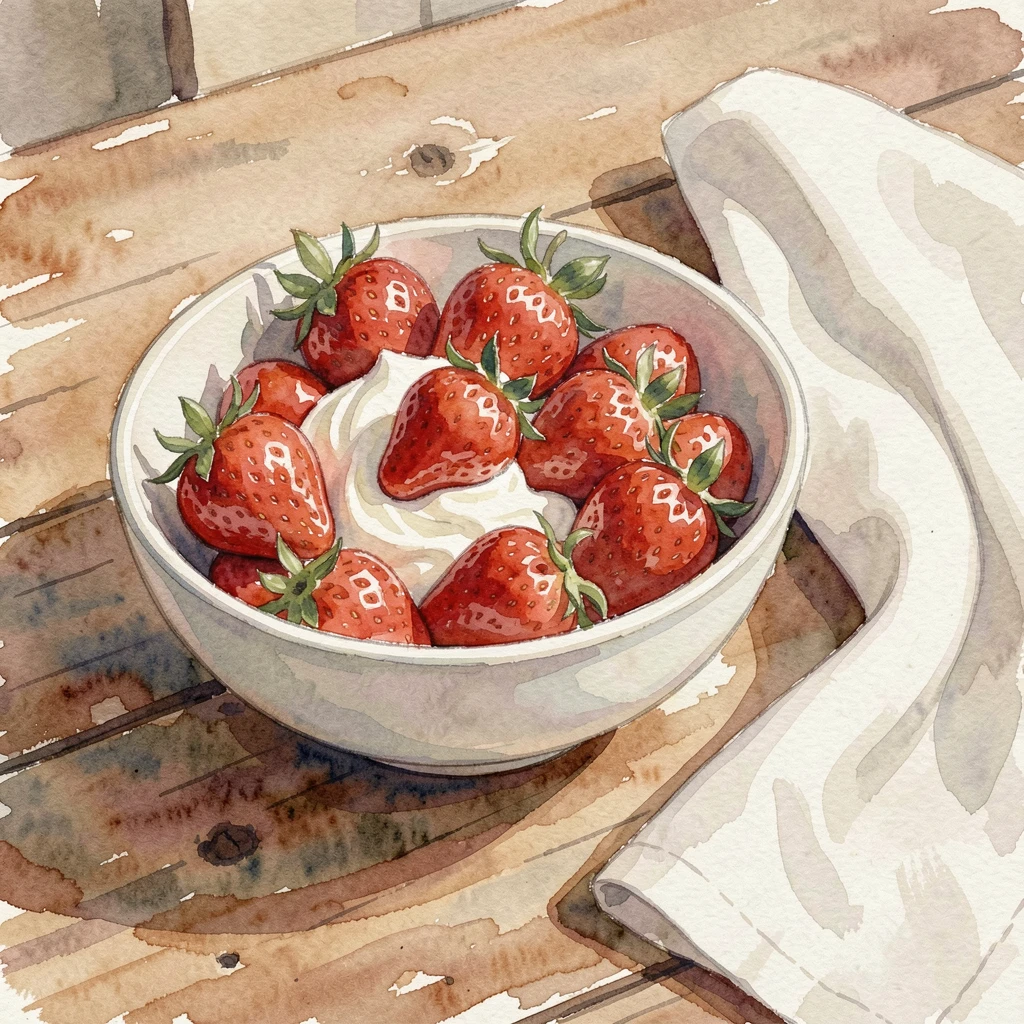 A bowl of fresh strawberries and cream on a rustic wooden table beside a folded linen napkin.