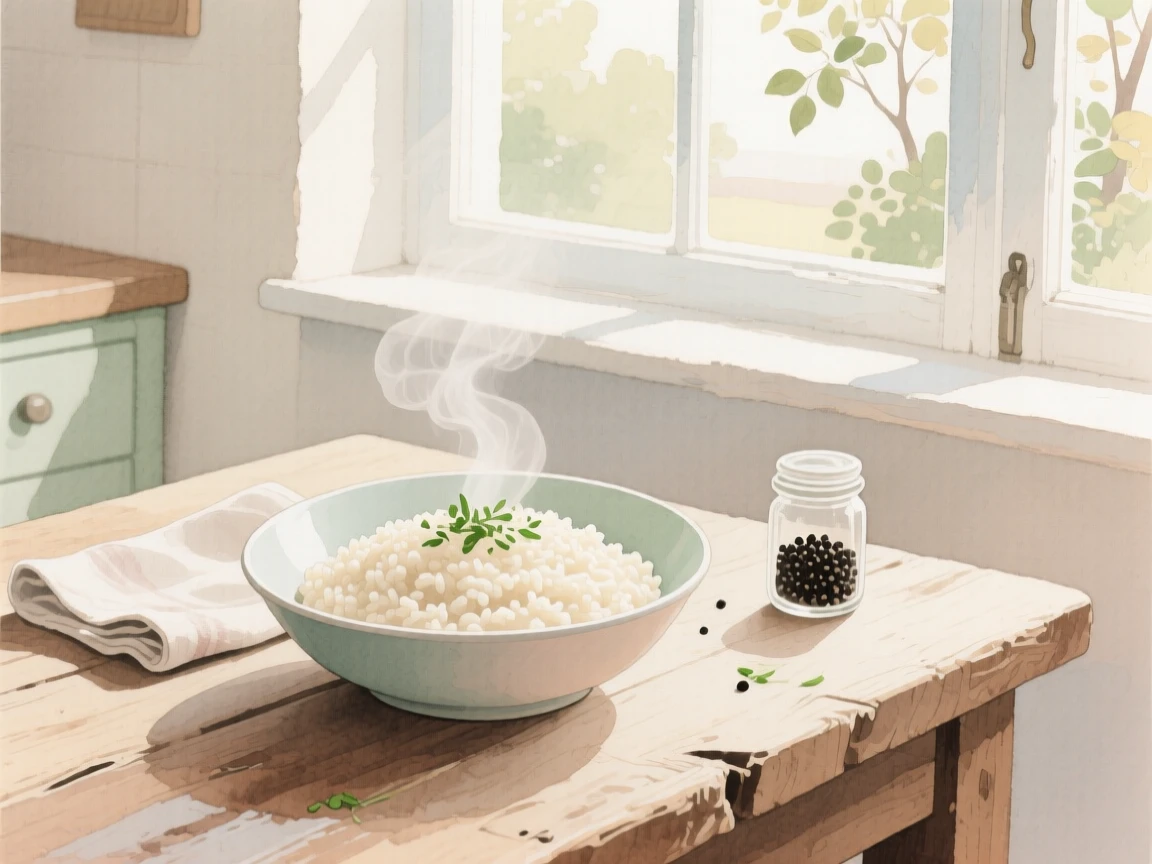 A bowl of creamy risotto sits on a rustic wooden table by a window in a cozy kitchen at breakfast, arranged beautifully for a delightful meal
