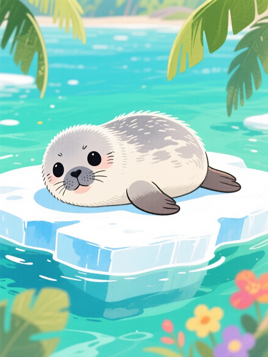 A close-up portrait of a seal pup resting on ice in a tropical lagoon.