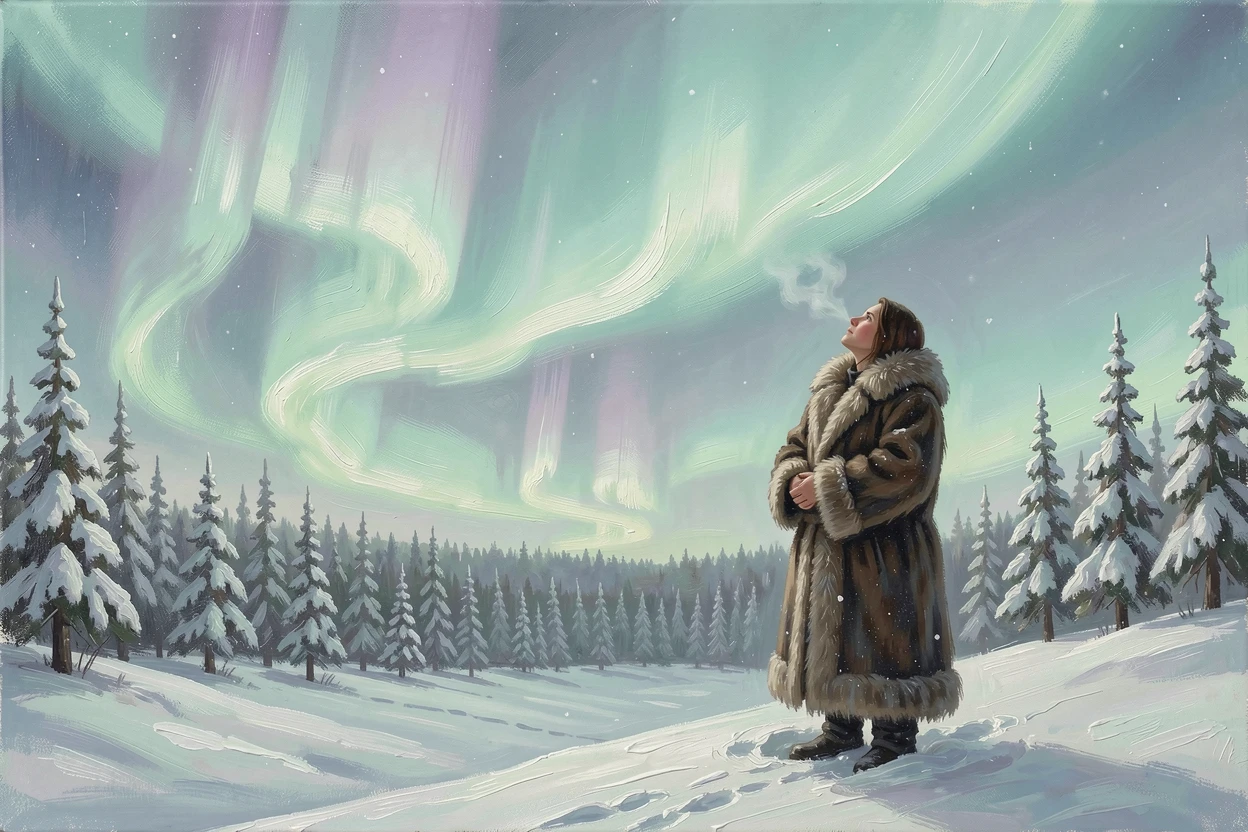 The aurora borealis dancing above a snow-covered landscape, a solitary figure standing in quiet awe, over a snow-covered forest wrapped in silence, beneath a sky glowing faintly green with aurora light.