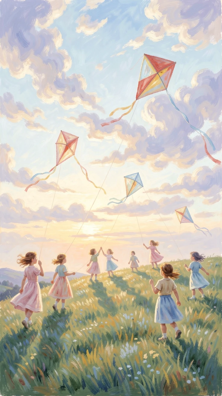 A group of children flying kites on a windswept hilltop under a sky full of drifting clouds, in the gentle hush of early morning.