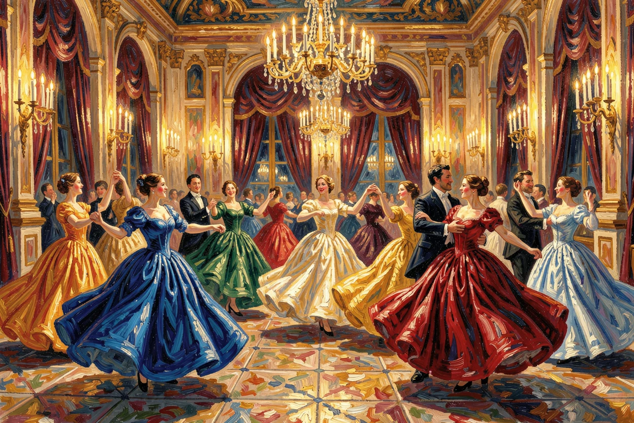 A grand royal ball in a candlelit palace hall, dancers twirling in silk gowns.