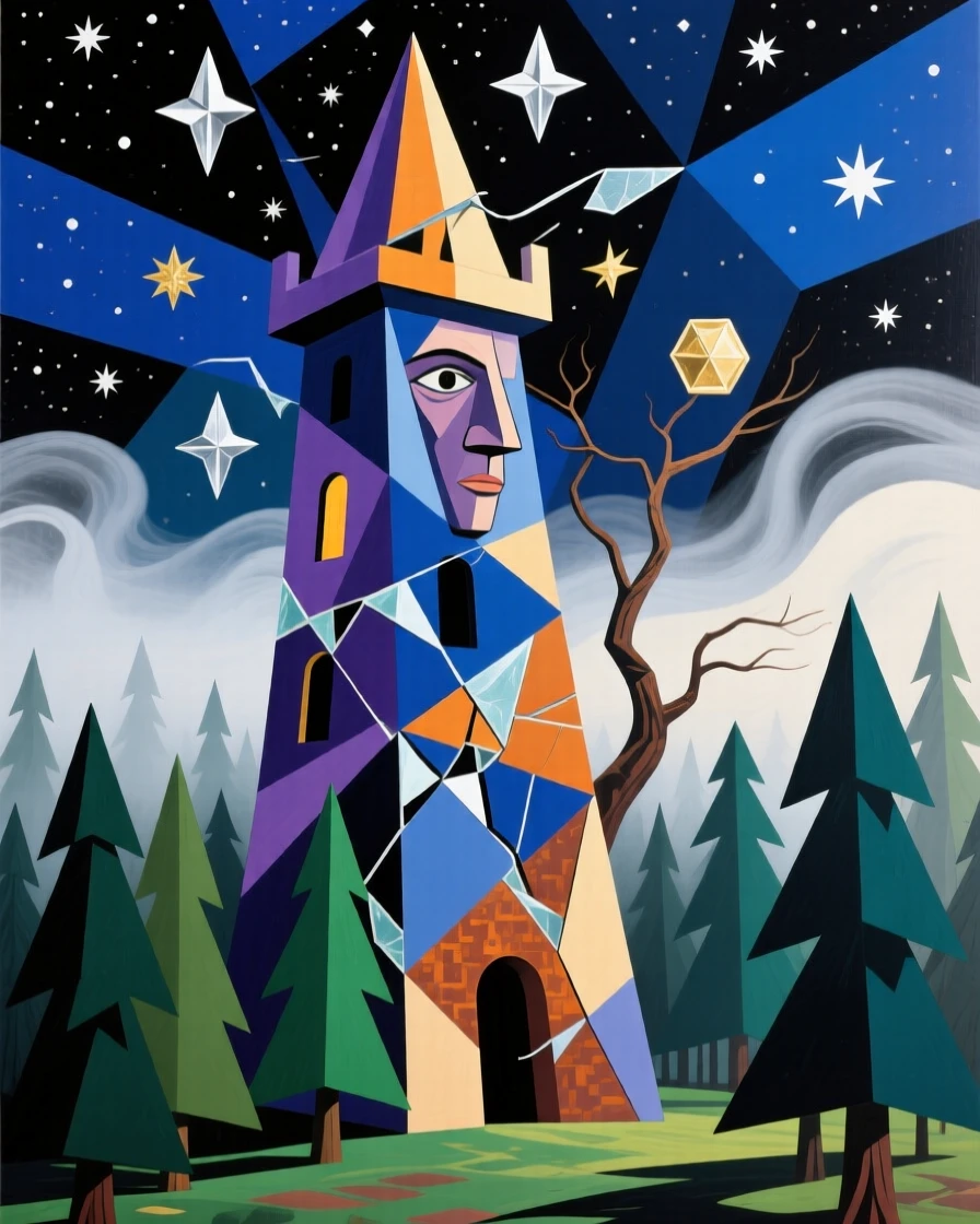 A wizard's tower rising from a misty enchanted forest under a starry sky.