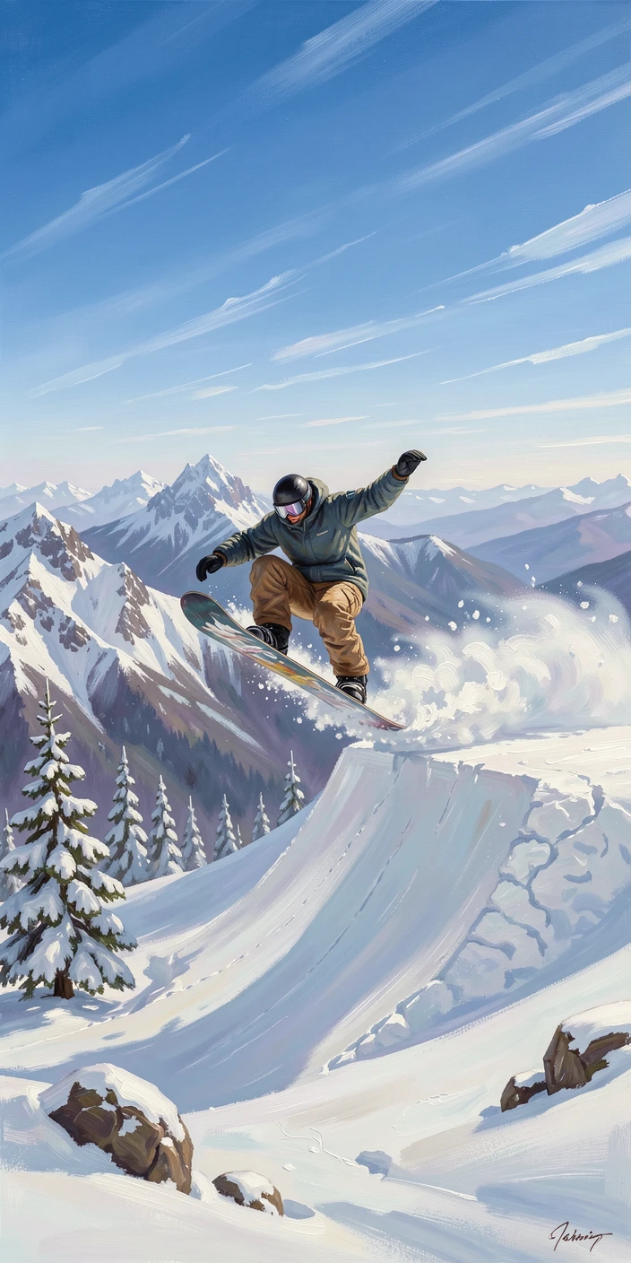 A snowboarder launches off a natural powder jump in the backcountry, mountains stretching endlessly in every direction under a bluebird sky, distant terrain stretching toward the horizon, suggesting the journey is far from over.