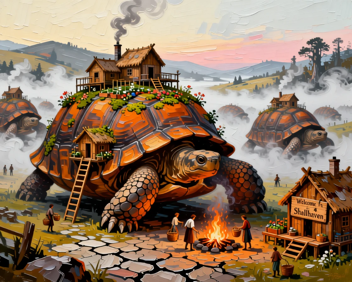 A village built on the backs of migrating giant tortoises crossing a misty valley