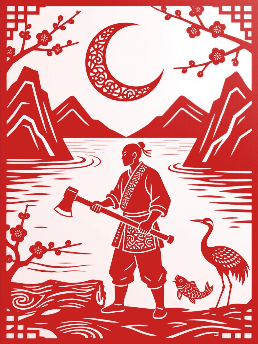 A composition of a woodcutter beside a still mountain lake, a crescent moon rising above the ridgeline.