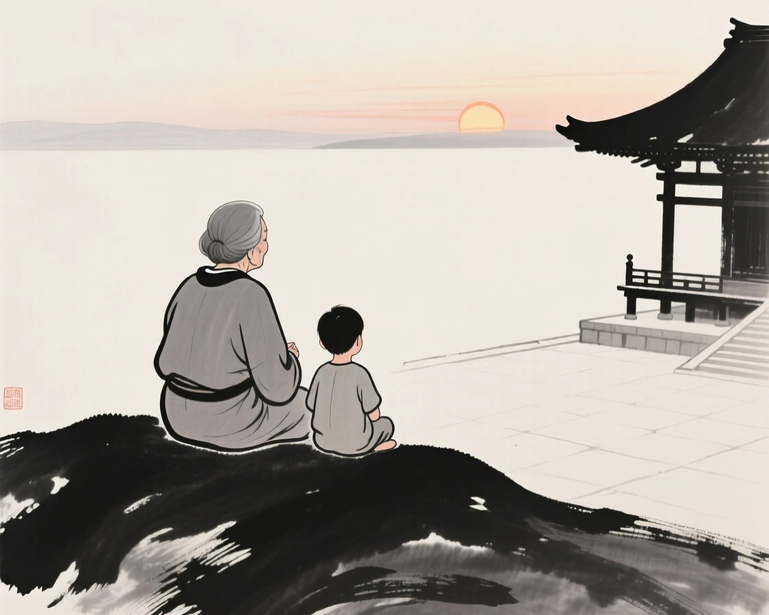 A grandmother and grandchild watching the sunset from a hillside within a peaceful temple courtyard, seen from behind, gazing out toward the horizon, conveying quiet devotion and simple contentment.