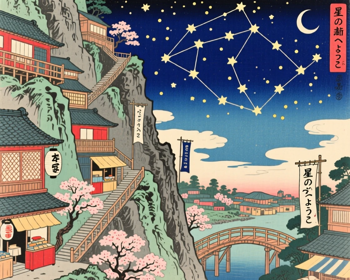 A city built into a towering cliffside, reaching toward a field of stars.