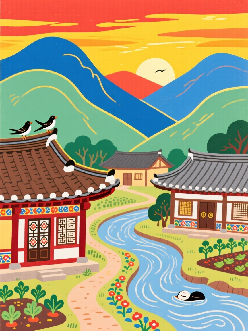 A quiet mountain village, as golden light spreads across the sky at dawn.
