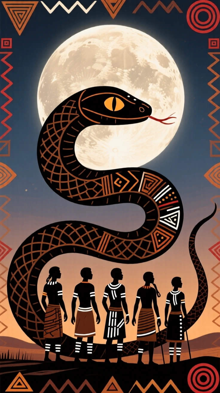 A legendary sky serpent appearing to travelers beneath a full moon.