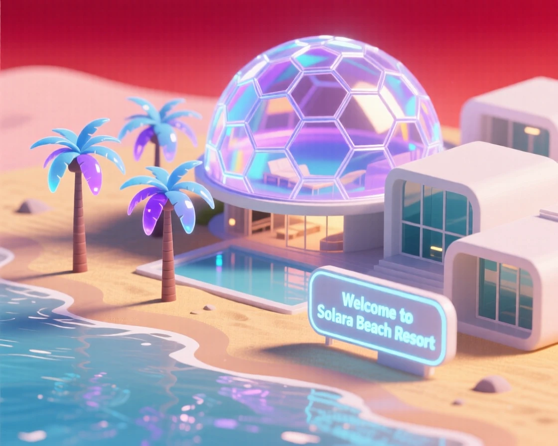 A futuristic beach resort with holographic palm trees and a shimmering energy dome protecting guests from a red sky.
