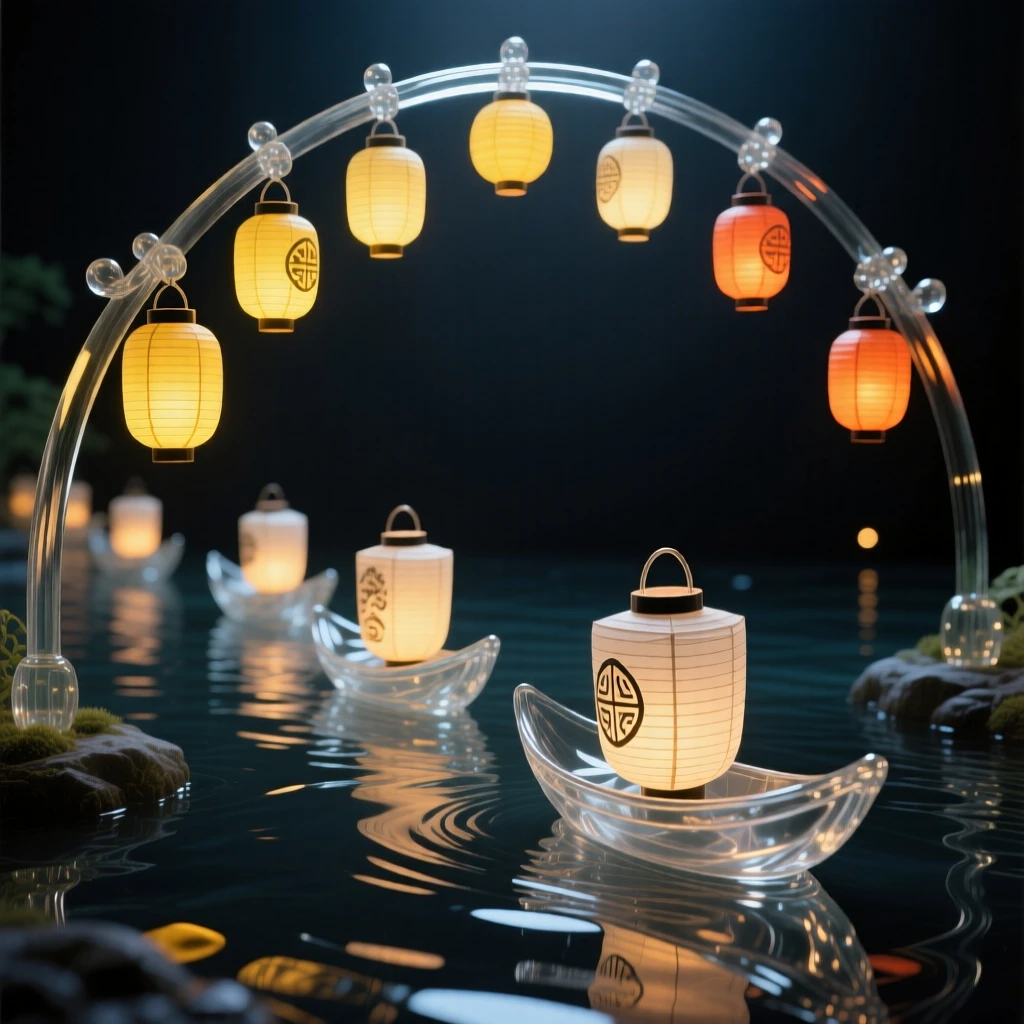 As the crowd cheers beneath a canopy of paper lanterns, a procession of lantern floats drifting down a nighttime river