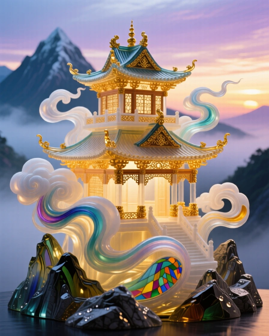 A grand mountain temple wrapped in swirling clouds at first light, mystical and serene.