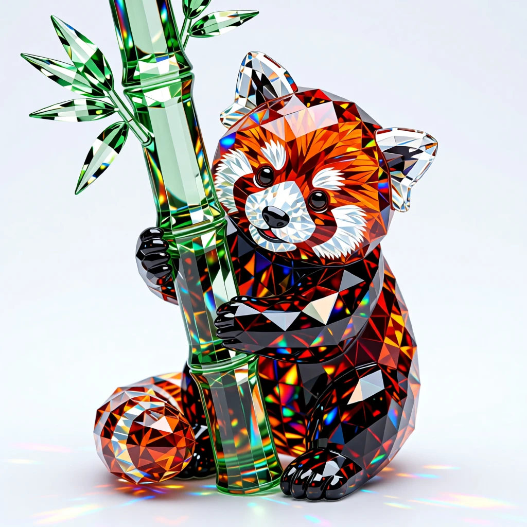 A fluffy baby red panda peeking curiously from behind a bamboo stalk.
