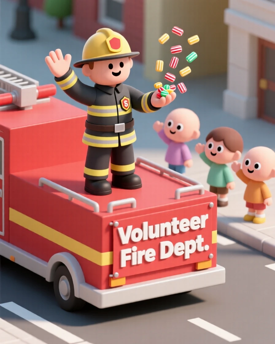 A proud volunteer firefighter waves from atop a parade float, candy tossed to cheering children lining the street.