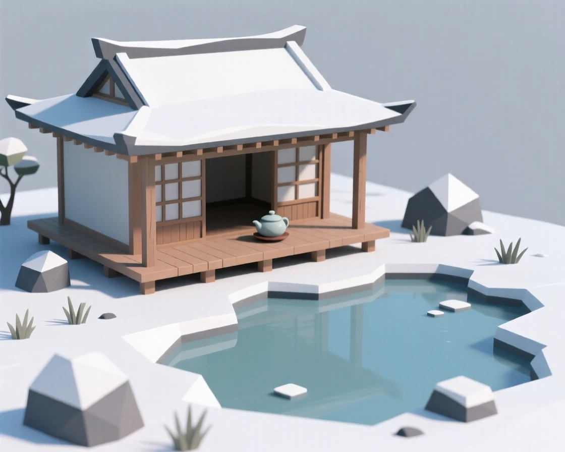A traditional teahouse beside a tranquil garden pond, dusted lightly with fresh snow. fine architectural details are rendered with clarity. A gentle, welcoming warmth fills the air.