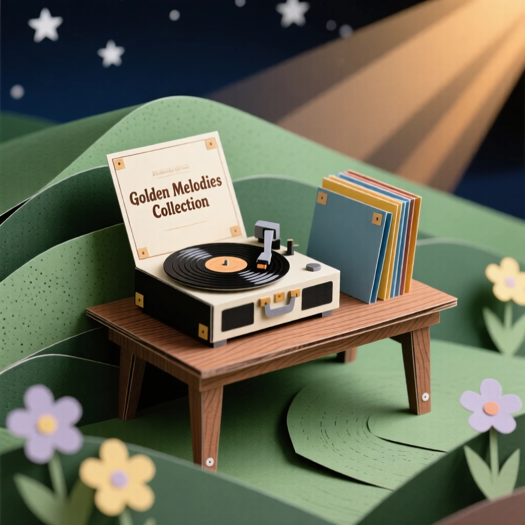A vintage vinyl collector set up on a quiet hilltop at night, with warm natural light streaming in, capturing mindful, patient craftsmanship.