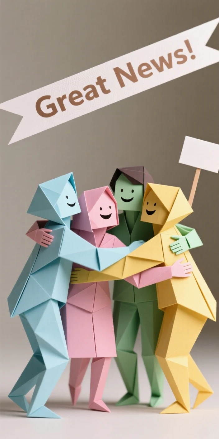 A group hug scene among friends celebrating good news together.