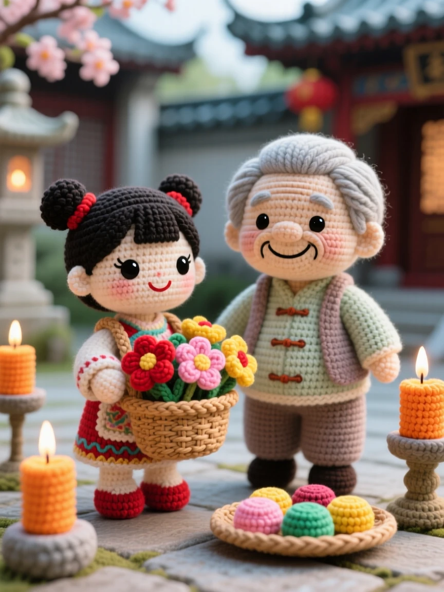 A festive cultural scene of a little girl carrying a small basket of festival flowers for a spring blessing ceremony, offering them to a smiling elder within a quiet temple courtyard glowing with candlelight; a small tray of traditional sweets nearby nearby, full of bright, celebratory warmth.