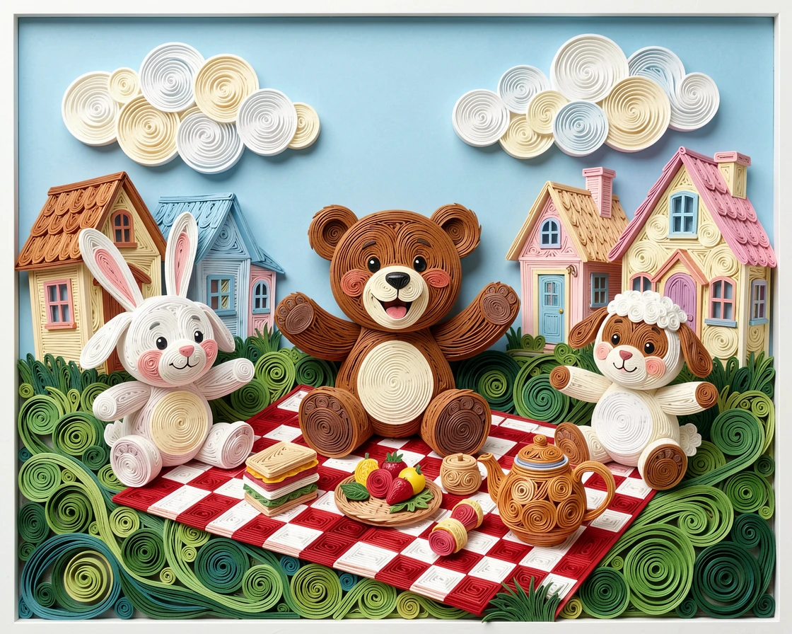 a teddy bear having a picnic with other stuffed animal friends, in a whimsical storybook village, arranged with a joyful sense of motion and energy, with soft fluffy clouds drifting by.