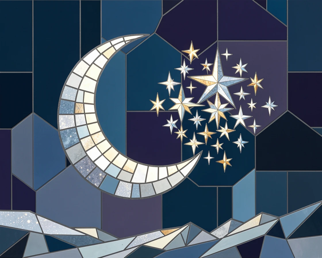 An awe-inspiring wide shot of a crescent moon glowing beside a bright cluster of stars, evoking wonder and vastness.
