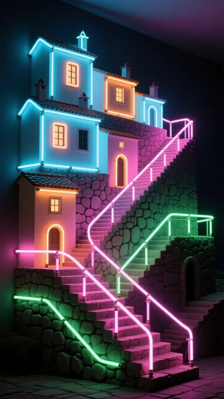 A terraced hillside town connected by winding stone staircases.