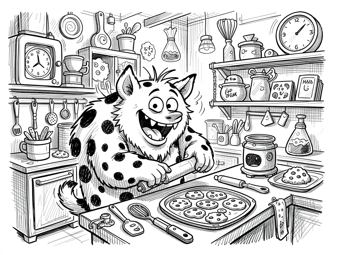 A monster with polka-dot fur baking cookies in a colorful workshop full of gadgets.