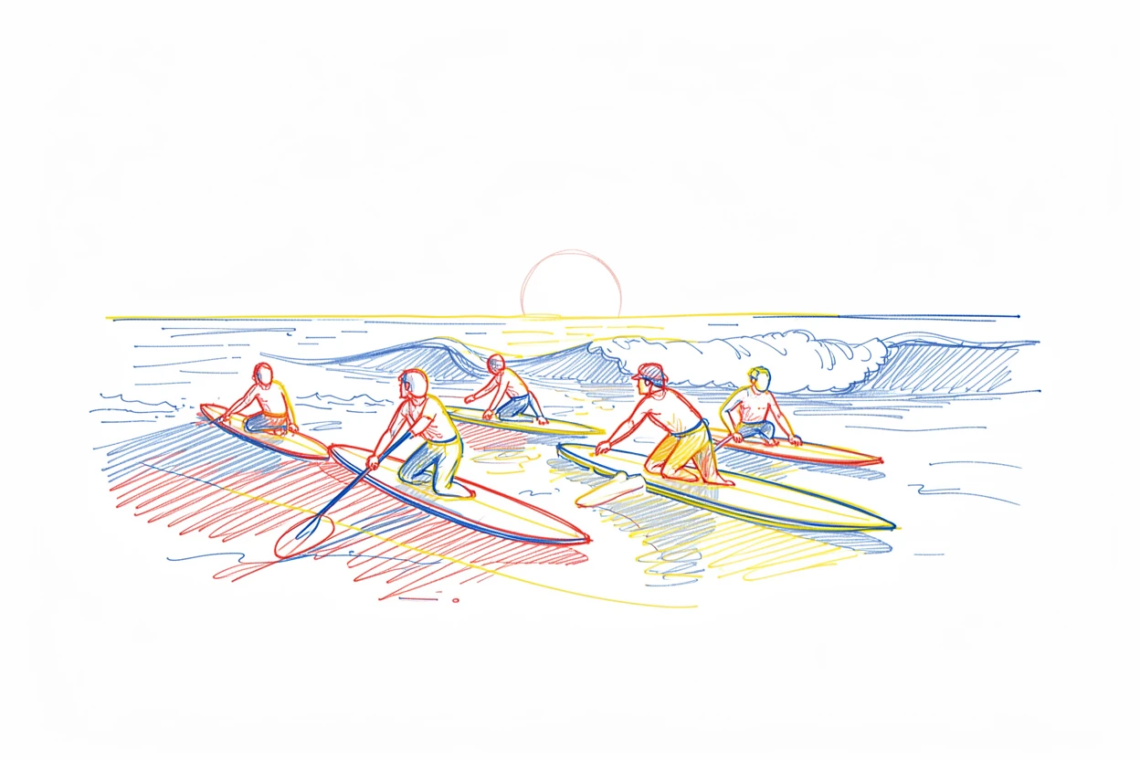 A group of surfers paddling out beyond breaking waves at sunrise