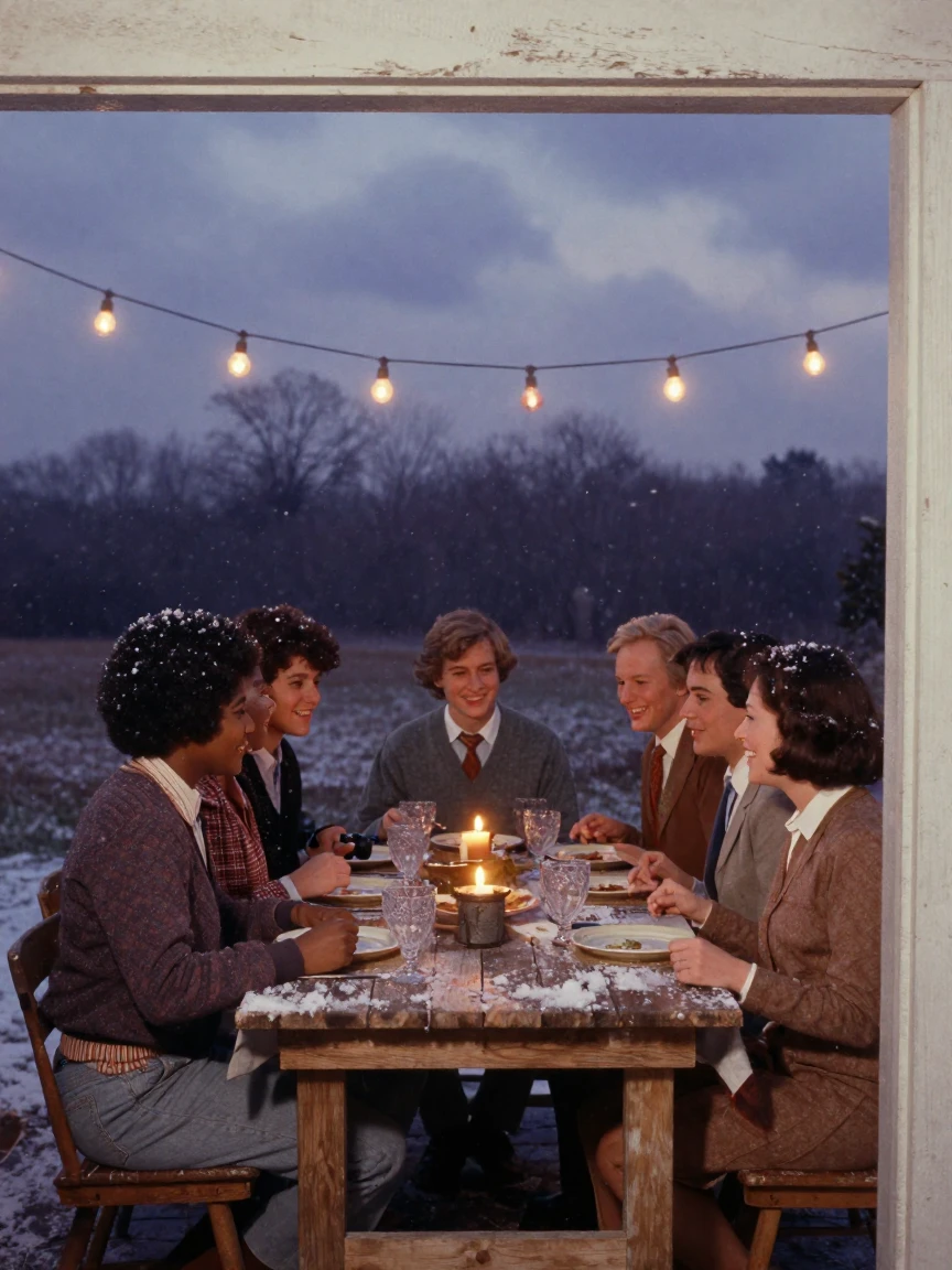 Friends sharing a meal at a long communal table under string lights, under strings of warm string lights, under scattered clouds, under the first snow of winter, in dusty lavender and rose tones, framed through an open doorway.