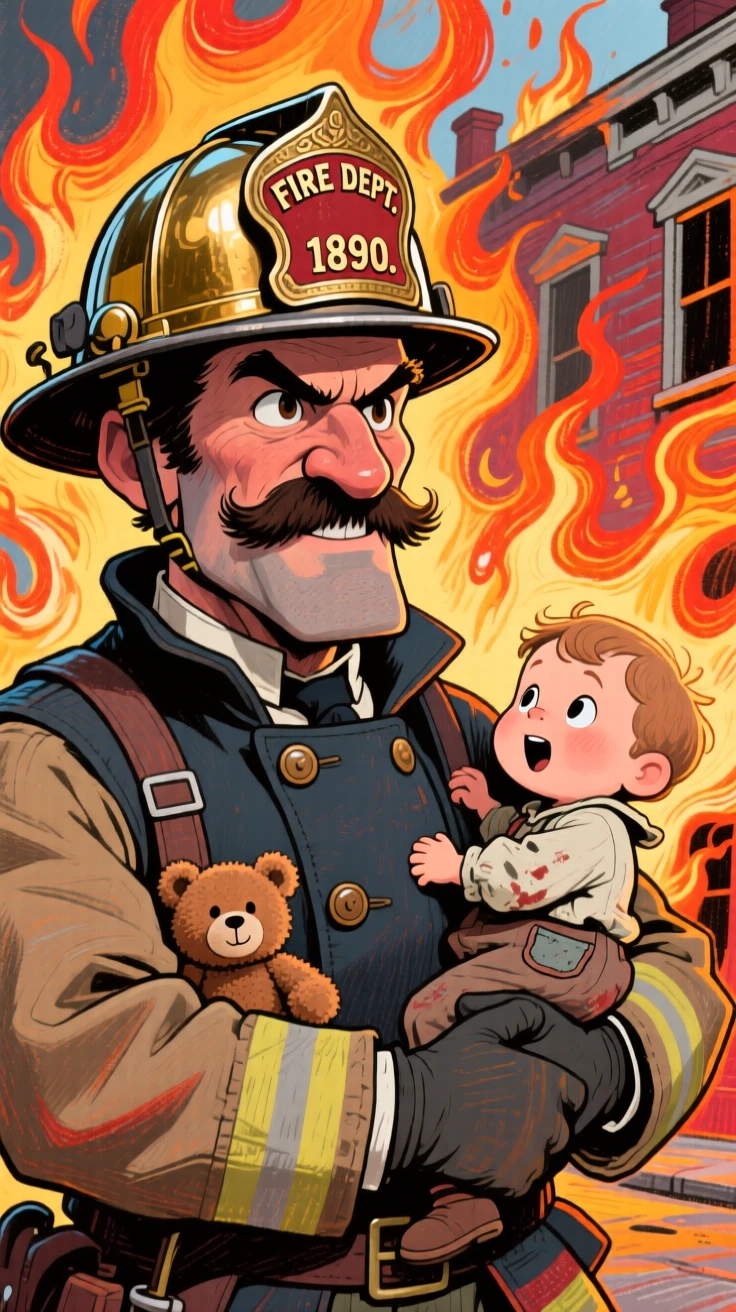 A brave firefighter from a bygone era carrying a child from a burning building.
