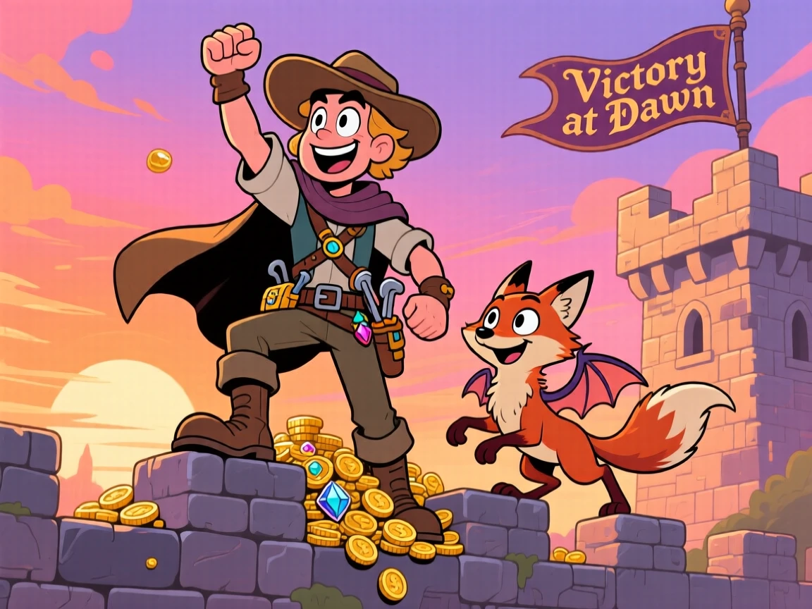 An imaginative fantasy scene of a fearless treasure hunter standing triumphantly atop a castle wall at sunrise, with a loyal companion creature close behind.