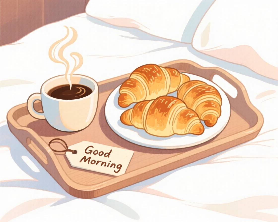 A cozy, appetizing, warm and inviting scene of a cozy breakfast tray with coffee and croissants in bed