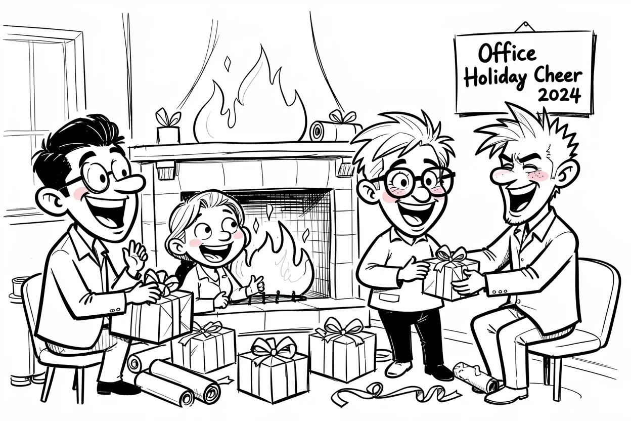 [Seasonal Holidays & Celebrations] Festive scene of a festive office holiday party wrapping presents by the fireplace, full of celebration and joy