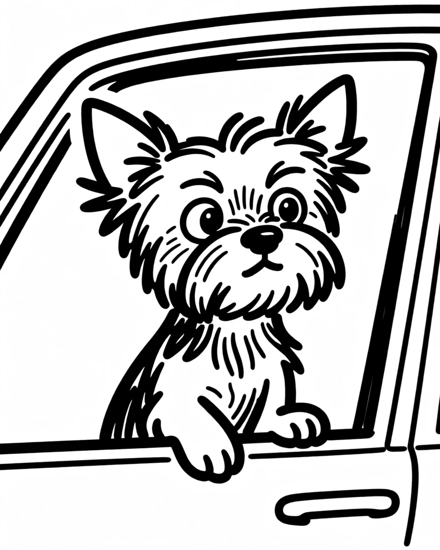 A yorkie sitting attentively in a car window, ears flapping in the breeze.