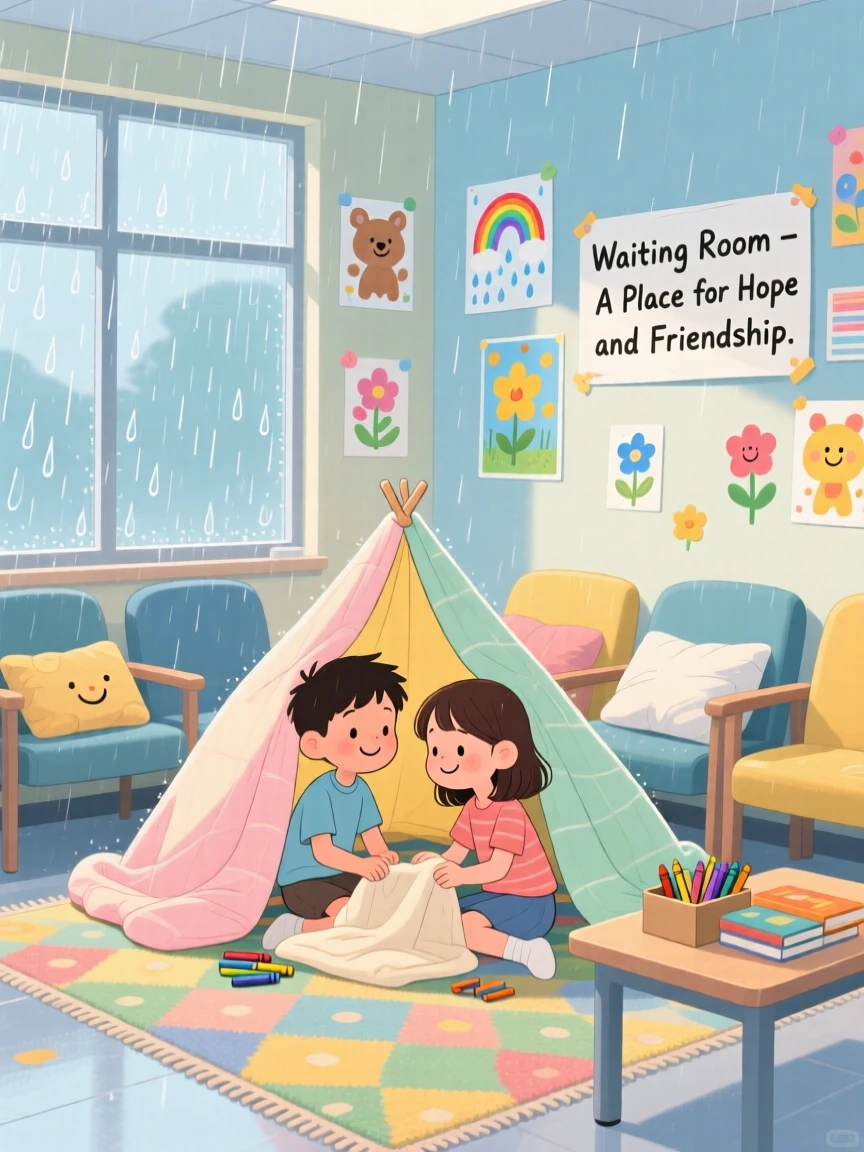 Two best friends share a tender moment building a blanket fort together on a rainy day in a hospital waiting room decorated with drawings, with quiet gratitude in their eyes.