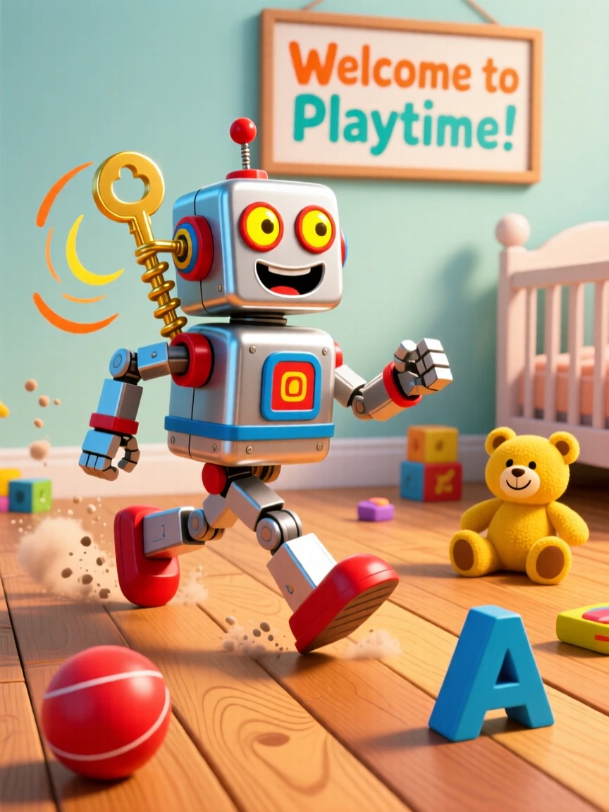 A wind-up tin robot marching across a wooden nursery floor.