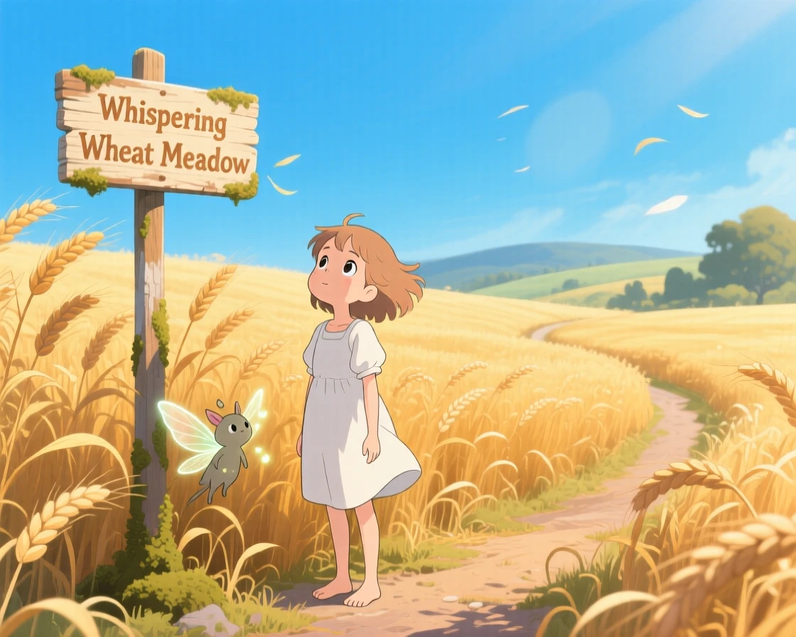 A summer scene of a golden wheat field swaying under a bright blue sky, with soft light filtering through the atmosphere.