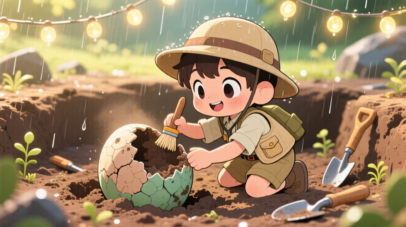 A small child paleontologist brushing dust off a dinosaur egg fossil in a sunny excavation site during a gentle spring rain shower; glowing string lights washes over the scene as triumphant pride fills the moment. Over-the-shoulder view.