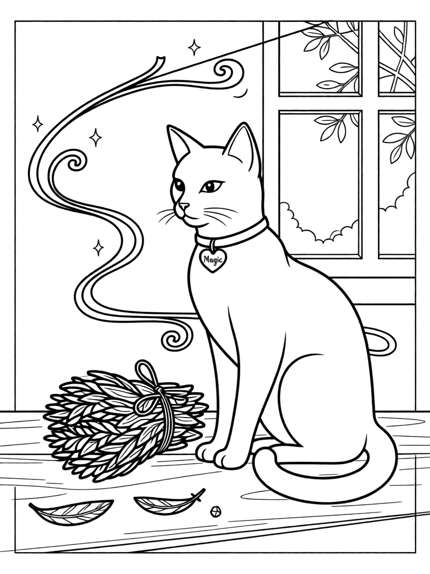 A black cat sitting beside a bundle of dried sage, with a swirl of magical energy crackling in the air.