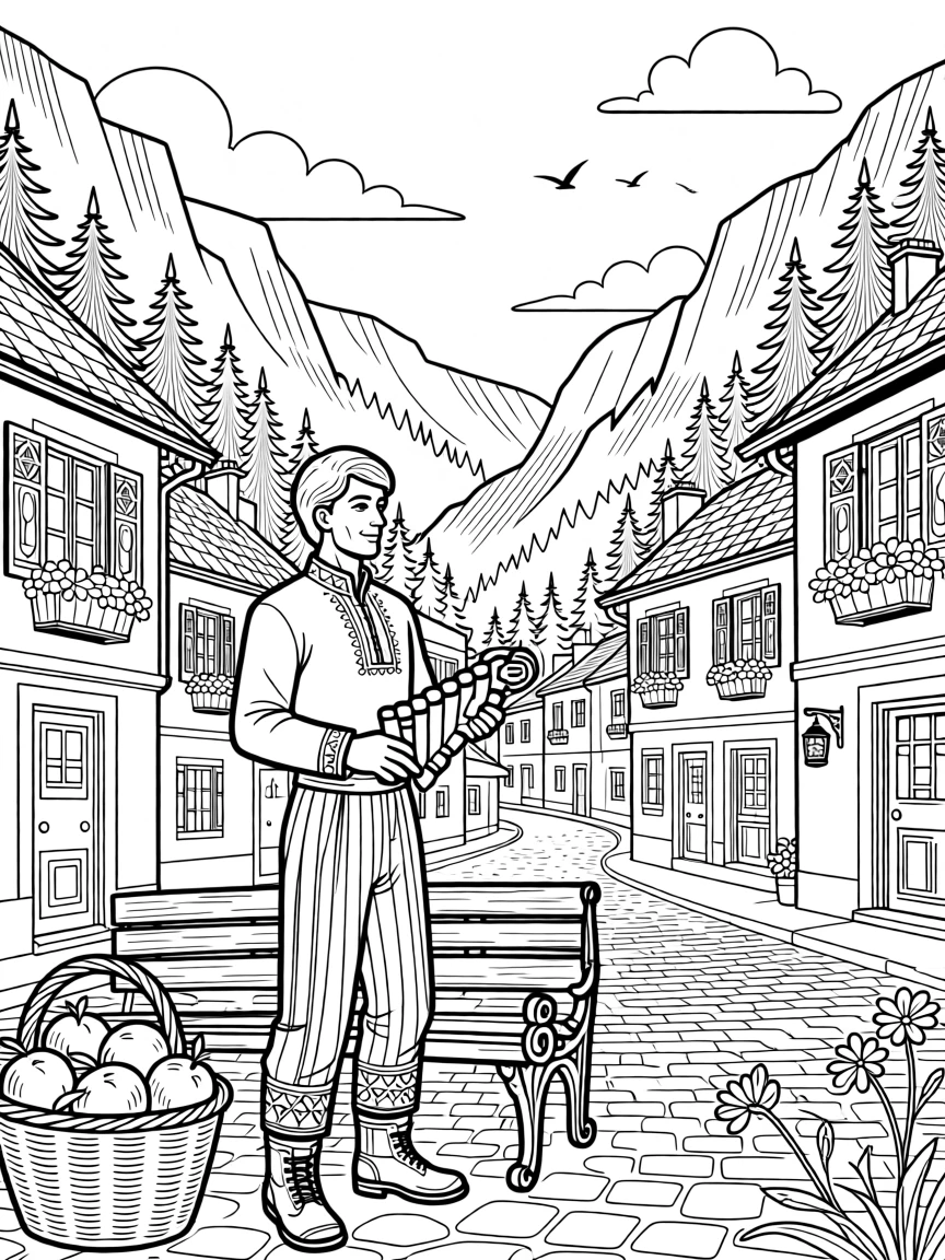 A panpipe musician performing in a mountain village.