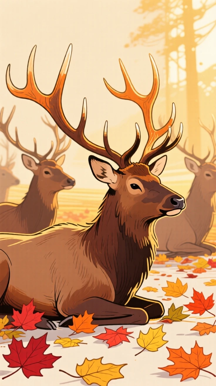 A herd of elk resting among autumn leaves during golden hour.