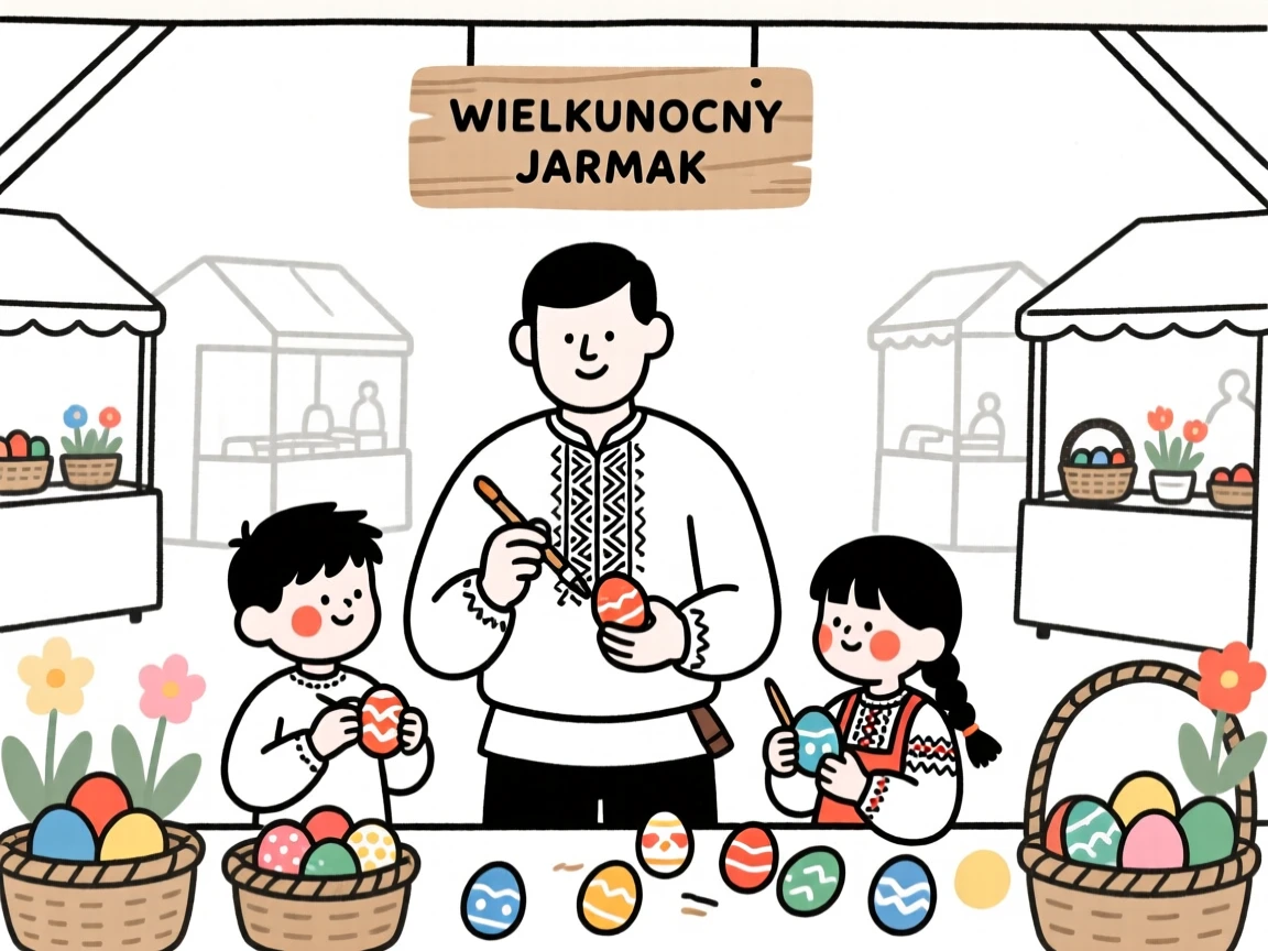 A father and his children of Polish heritage decorating eggs for Easter, at a bustling holiday market.