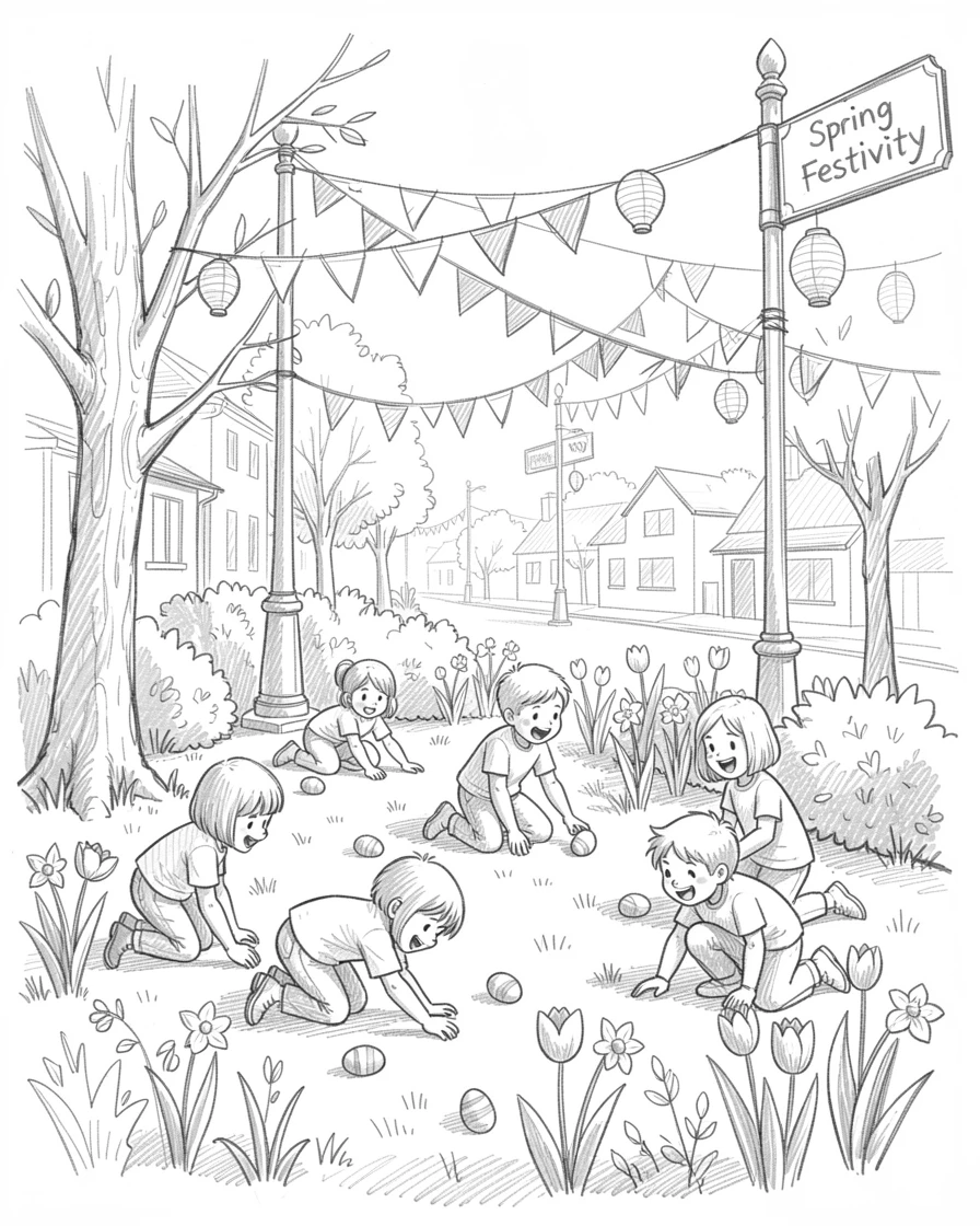 A joyful holiday moment: children hunting for Easter eggs in a sunny garden along a festively decorated street, with decorations catching the eye at every turn.