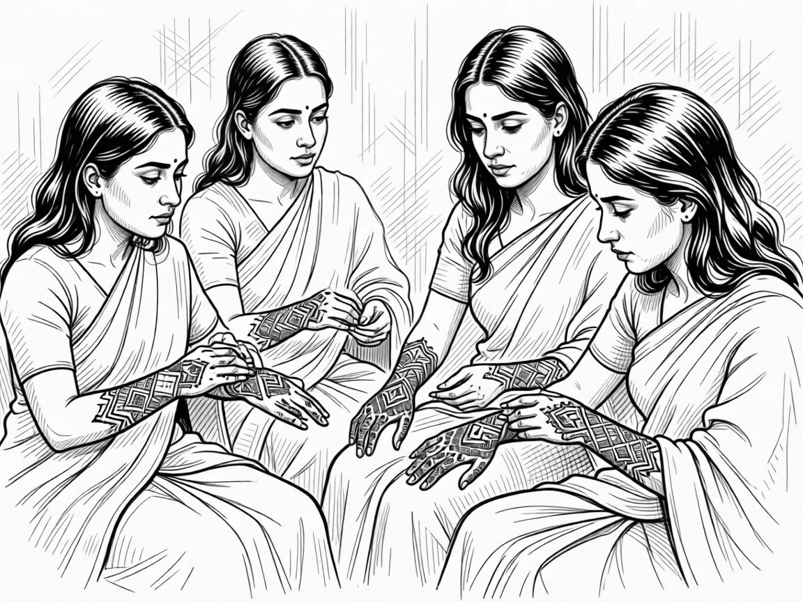 A group of women adorning themselves with traditional henna designs before a celebration.